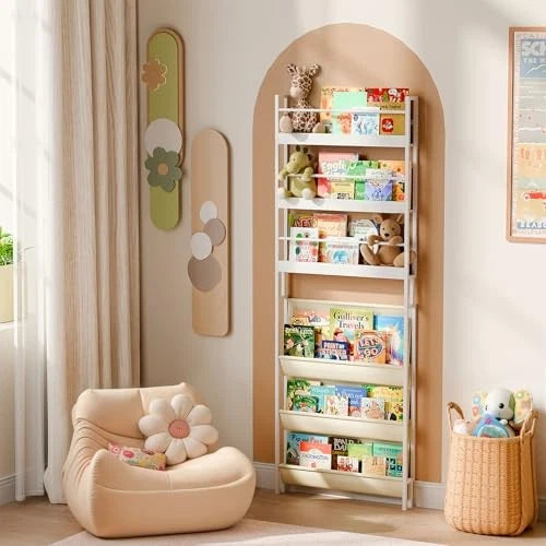 Kids Bookshelf - Wall Mounted 6-Tier Book Shelf for Kids Rooms, Behind The Door