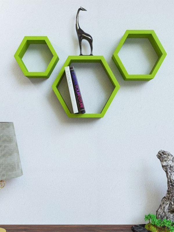 Ezequil Floating Wall Shelf Set of 3 in Green Colour
